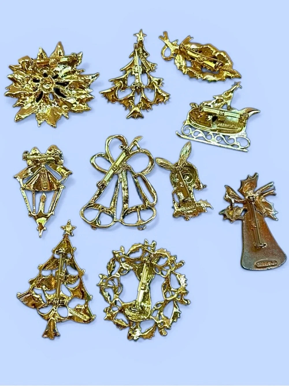 Christmas Brooches Signed Gerry’s‎ Rhinestones Enamel Vintage EUC